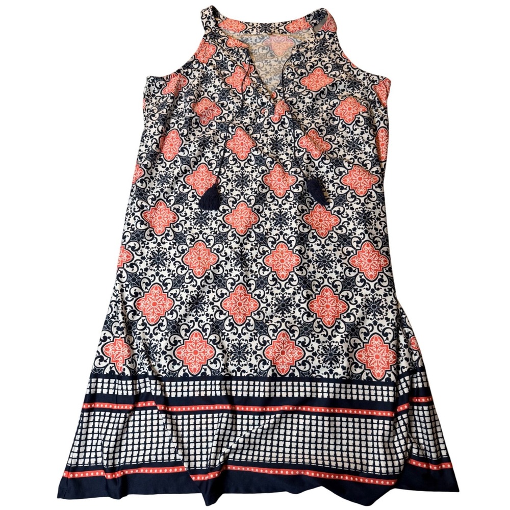 Tacera Womens 1X Sleeveless Medallion Print Tassel Tie Shift Dress Navy Coral